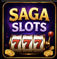 Saga Slots game with 777 reels, golden coins, and colorful slot graphics