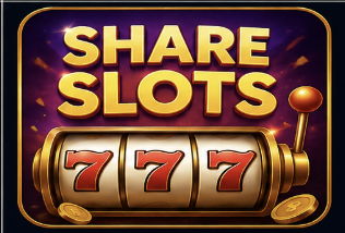 Share Slots game featuring 777 slot reels, golden coins, and colorful gaming graphics