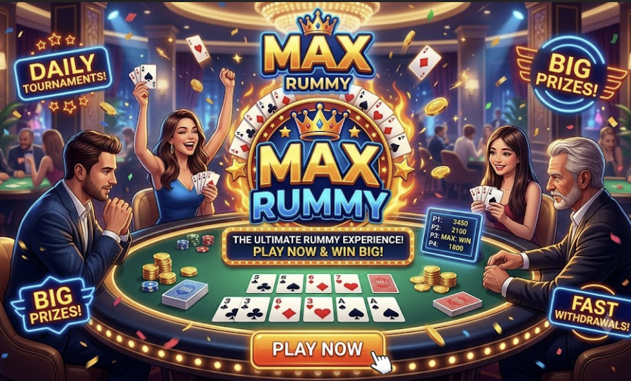Vibrant promotional banner for "Max Rummy," an online card game, featuring four players at a casino table with glowing neon signs for "Daily Tournaments," "Big Prizes," and "Fast Withdrawals," centered around a flaming logo.