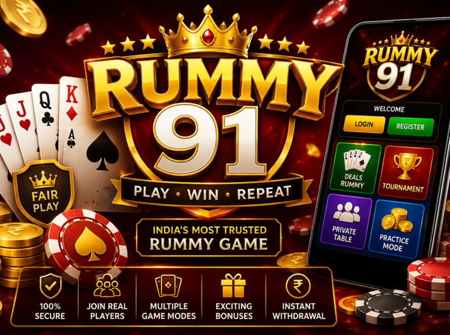 Rummy 91 online rummy game with playing cards, poker chips and mobile gaming interface