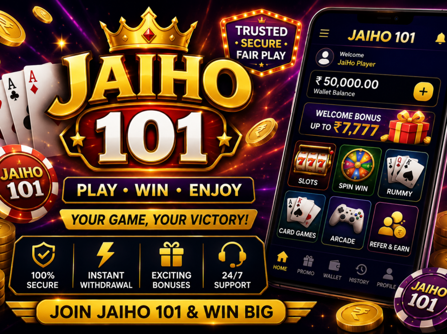 JaiHo 101 online gaming platform featuring 101 branding, playing cards, slot reels, spin games and mobile interface