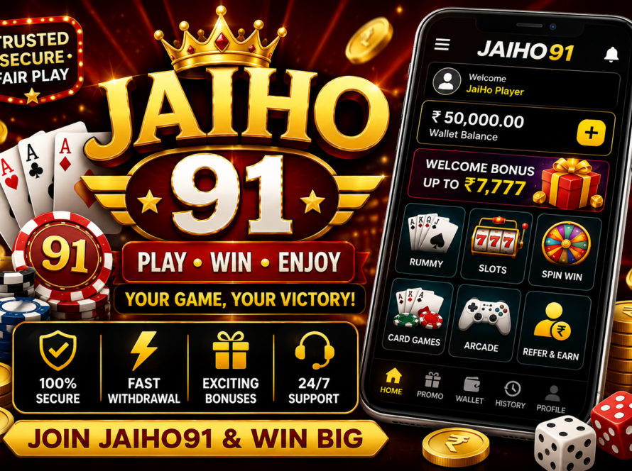 JaiHo91 online gaming platform featuring 91 branding, playing cards, slot reels, spin games and mobile interface