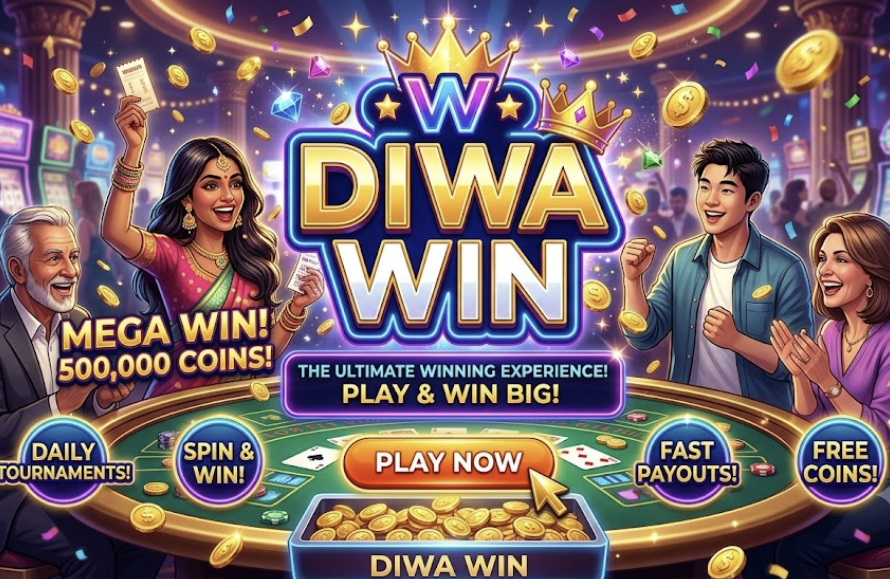 Promotional graphic for DIWA WIN game featuring four happy players celebrating a mega win at a casino table surrounded by gold coins, slot machines, and neon badges.