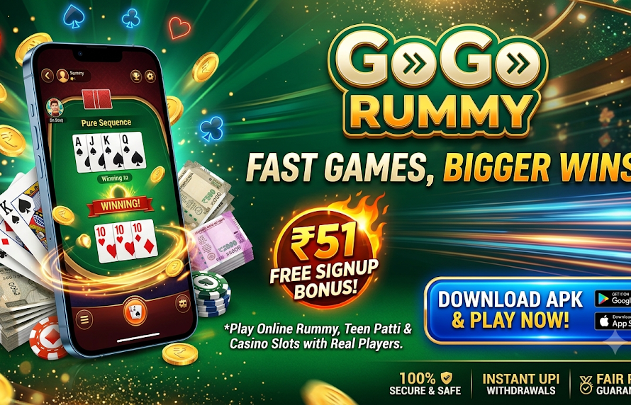 GoGo Rummy promotional banner showing a smartphone app interface, ₹51 free signup bonus badge, and download button.