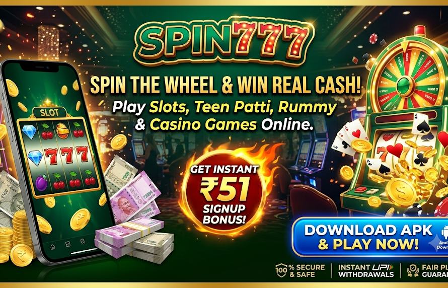 Spin777 promotional banner featuring mobile casino games, slots wheel, ₹51 signup bonus badge, and download button.