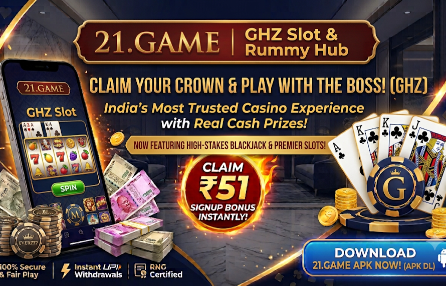 21.Game GHZ Slot and Rummy Hub promotional banner featuring a smartphone displaying slot games, playing cards, ₹51 signup bonus badge, and APK download button.