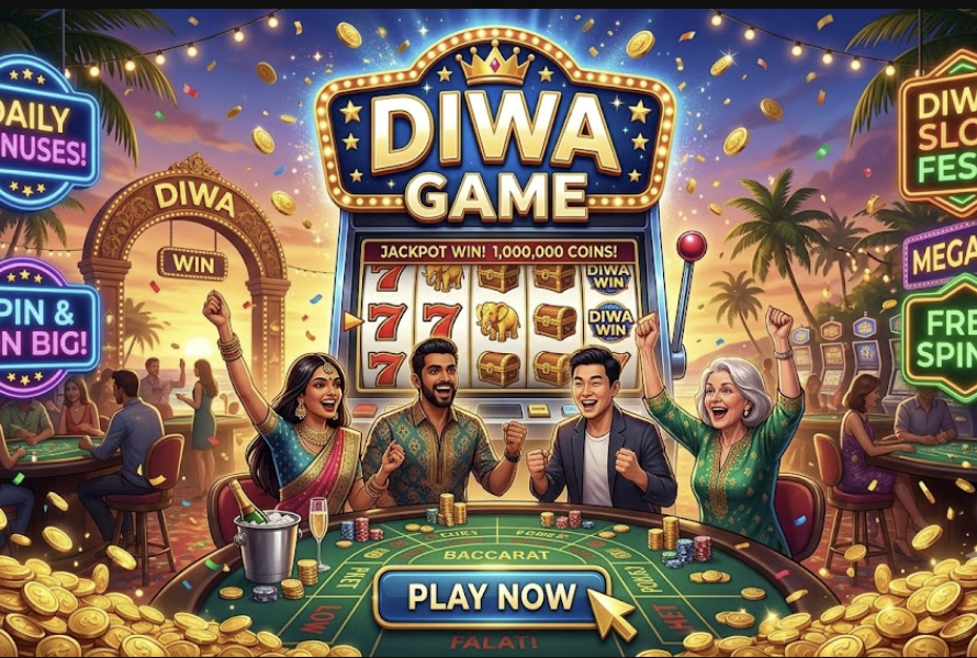Vibrant promotional image for DIWA GAME featuring diverse players celebrating a jackpot at a Baccarat table surrounded by cascading gold coins, a large slots machine, and multiple glowing neon signs.