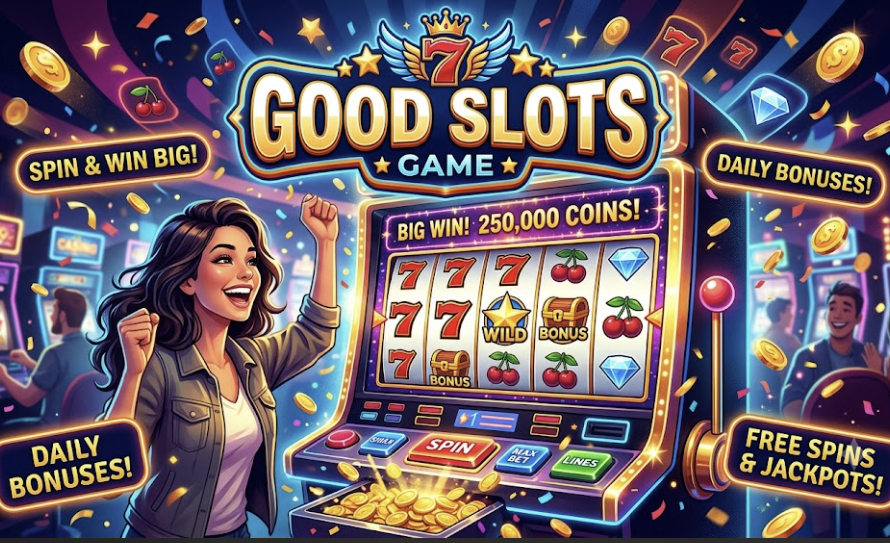 Good Slots game artwork featuring a big win slot machine with lucky 7s, gold coins, daily bonuses, and an excited player celebrating.
